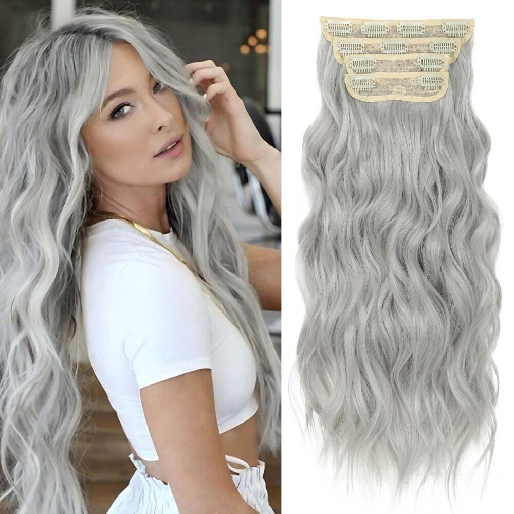 Hair Extensions Wavy Clip in Silver Gray 20 Inch Thick Natural Look